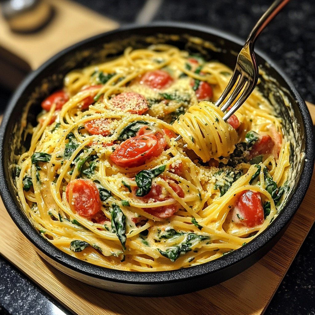 One-Pot Pasta mit Tomaten & Spinat