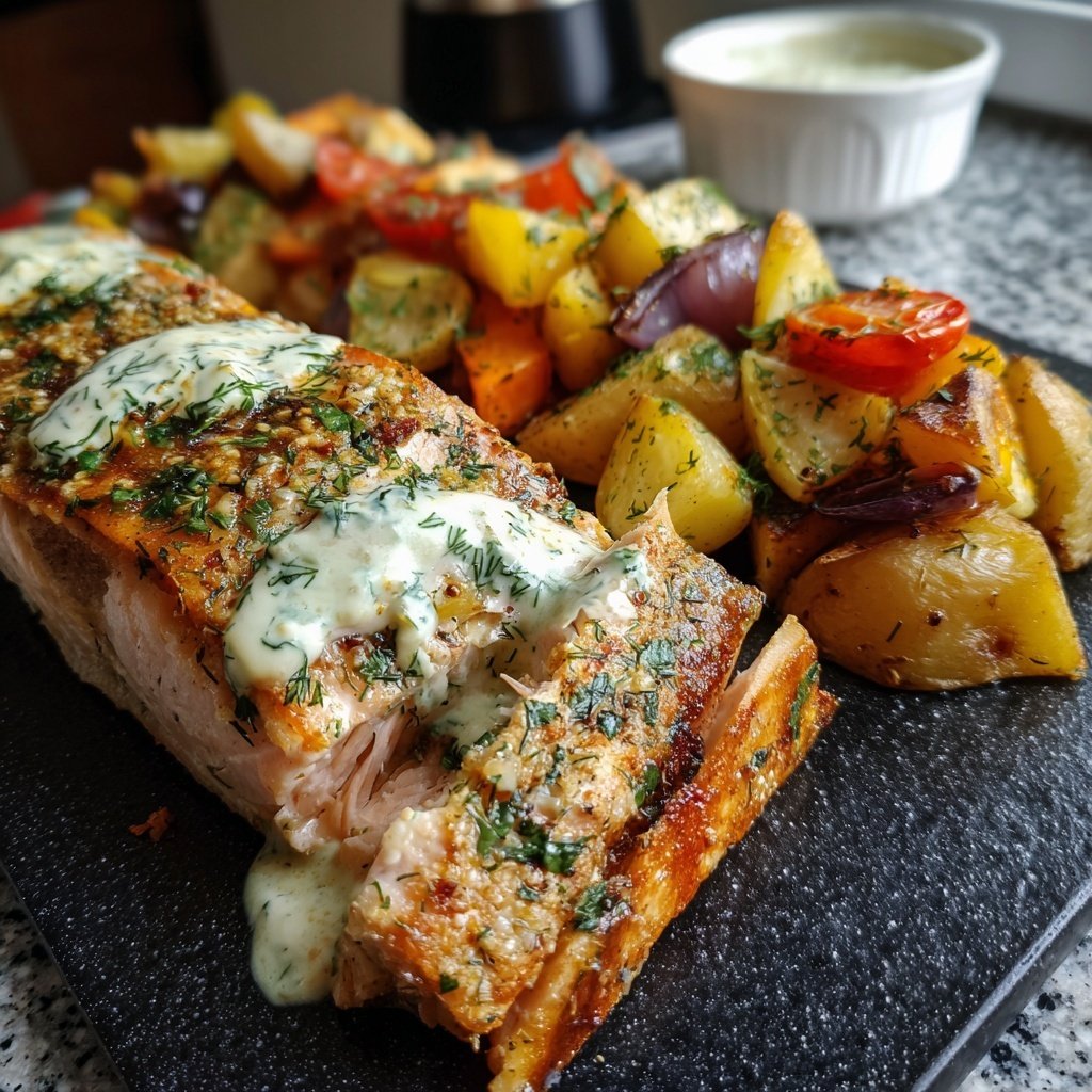 Lachs mit Ofengemüse & Zitronen-Dill-Sauce